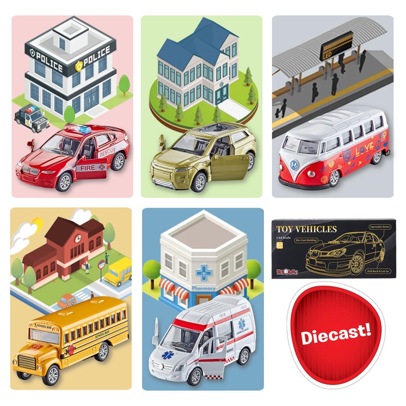 KIDAMI Die-cast Metal Toy Cars Set of 5, Openable Doors, Pull Back Cars Ambulance, Gift Pack for Kids (Official Car â…¡) - Image 2